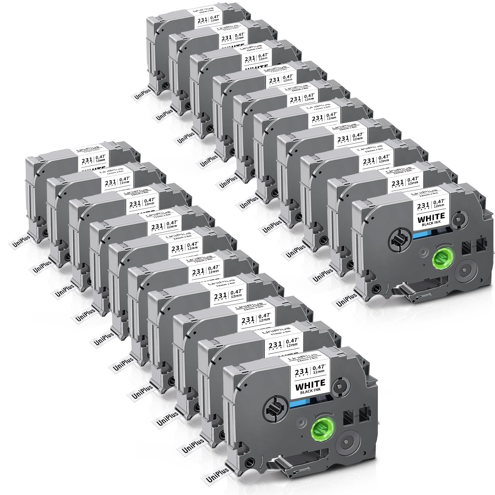 UniPlus 20x Compatible Tze-231 TZe231 para Brother P-touch Tz231 Tzc231 Cinta 12mm Negro sobre Blanco Cinta de Etiquetas para P-Touch PT-H105 PT-H100lb PT-D210 PT-E110 PT-H100r PT-H108 PT-1010 PT-1000