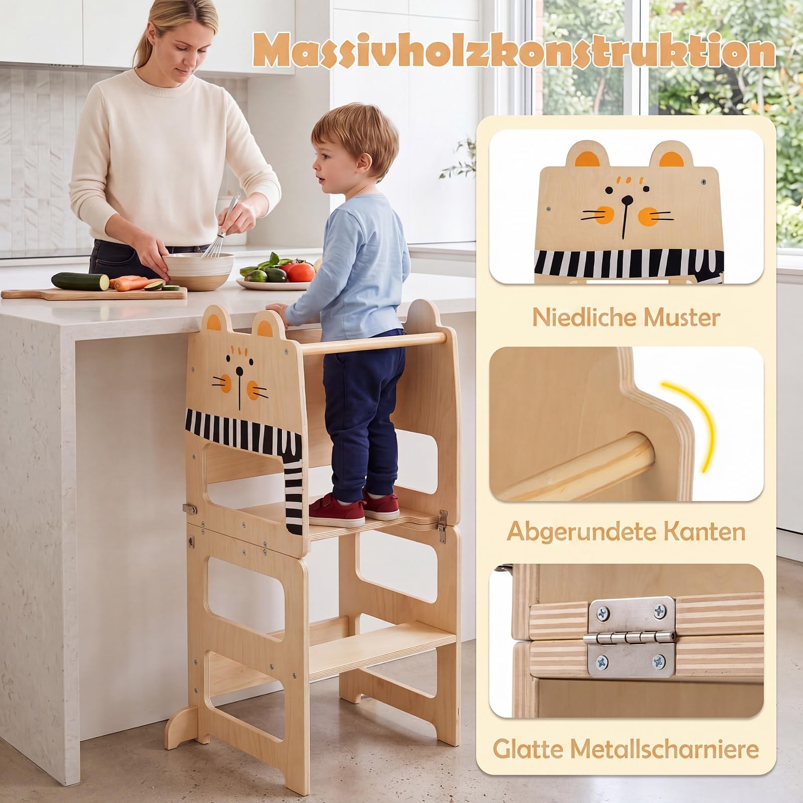 COSTWAY 3 in 1 Lernturm klappbar aus Holz, 50 kg belastbar, Natur | Tritthocker mit Tafel in Katzenform, Tritthschemel Montessori, Küchenhelfer für Kinder ab 18 Monaten