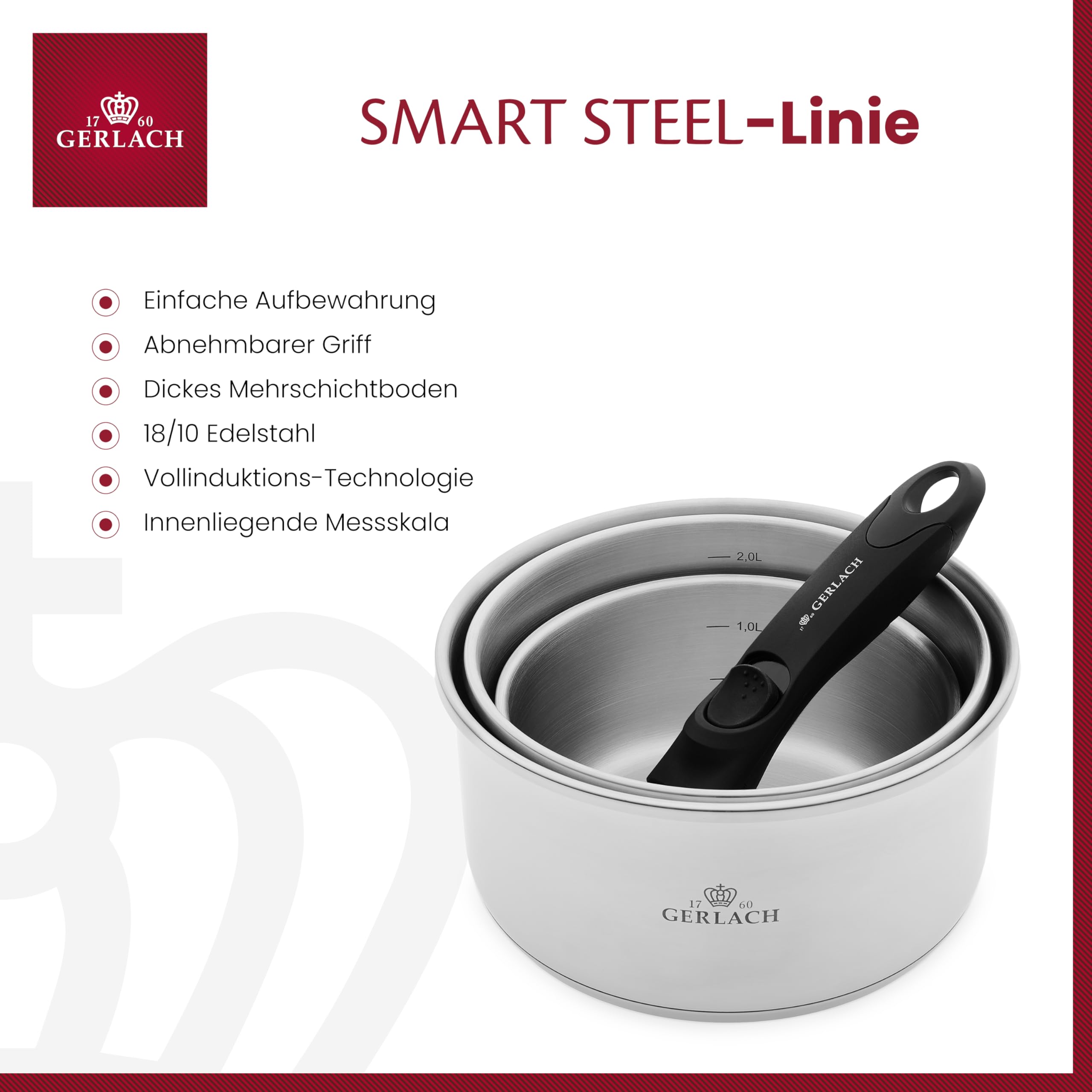 Gerlach Smart Steel Topf-Set Edelstahl Abnehmbarer Griff Kochtopf-Set Induktion Induktionstöpfe-Set Töpfe-Set Induktionsgeeignet Kochgeschirr 3 Stück, Groß, Silber