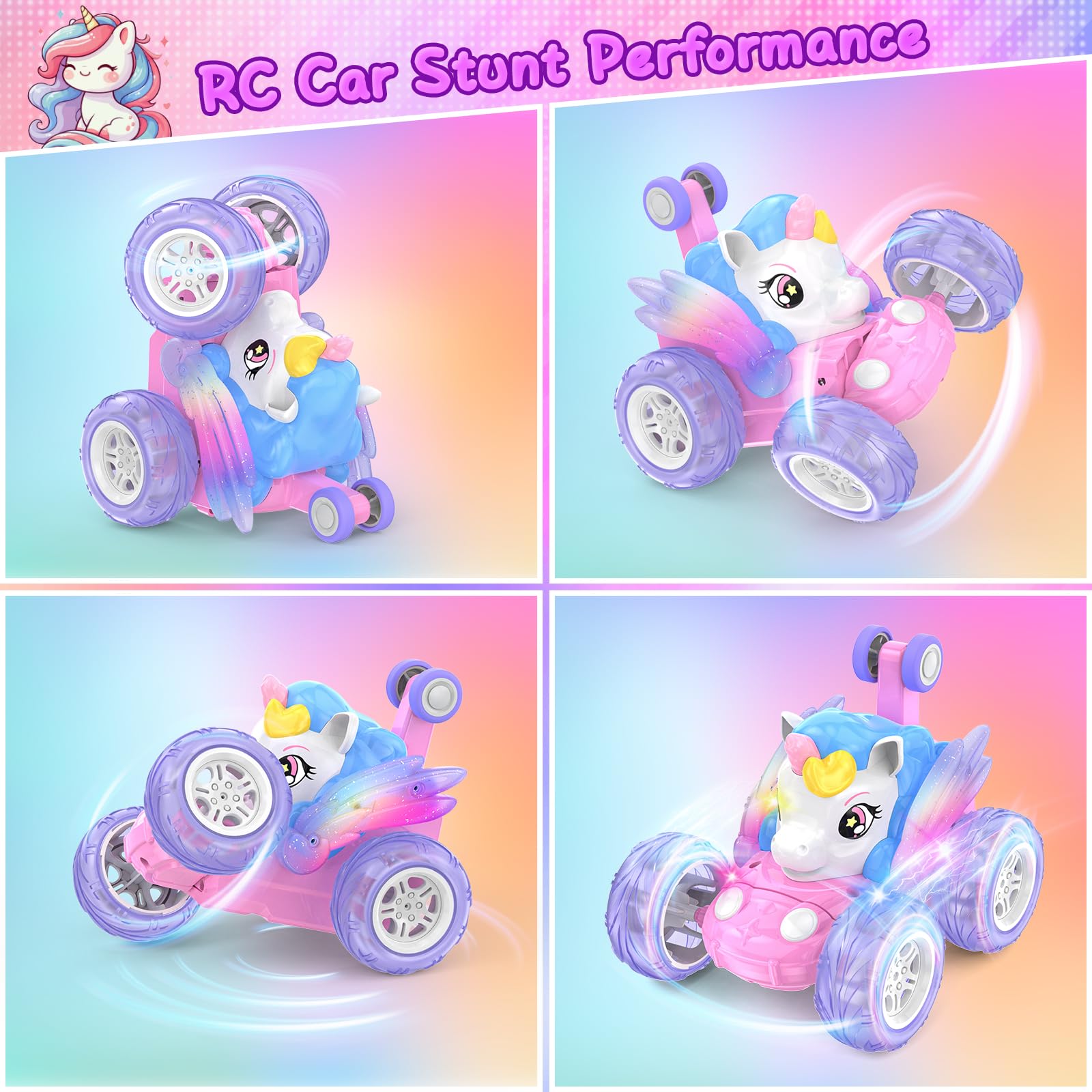 Macchina Telecomandata Bambini, Giochi Unicorno Bambina Bimba 3 4 5 6 7 8 Anni Monster Truck Auto Radiocomandata Acrobatica con Luci Giocattoli Macchinina RC Car Gioco Regalo Compleanno Natale