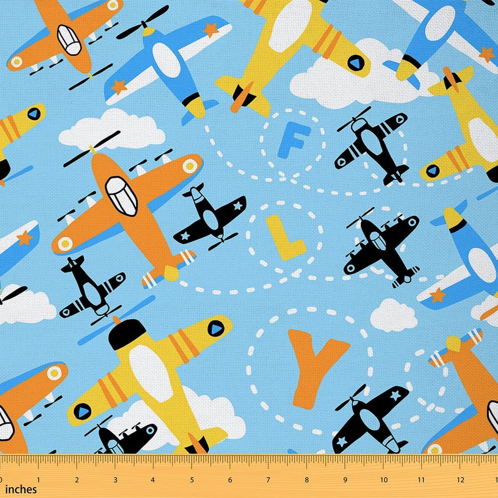 Aircraft Fabric by The Yard Colorful Cartoon Aircraft Flying Theme Upholstery Fabric for Chairs and Home DIY Projects Airplane Print Decorative Waterproof Outdoor Fabric 10 Yards (L920*W150cm)