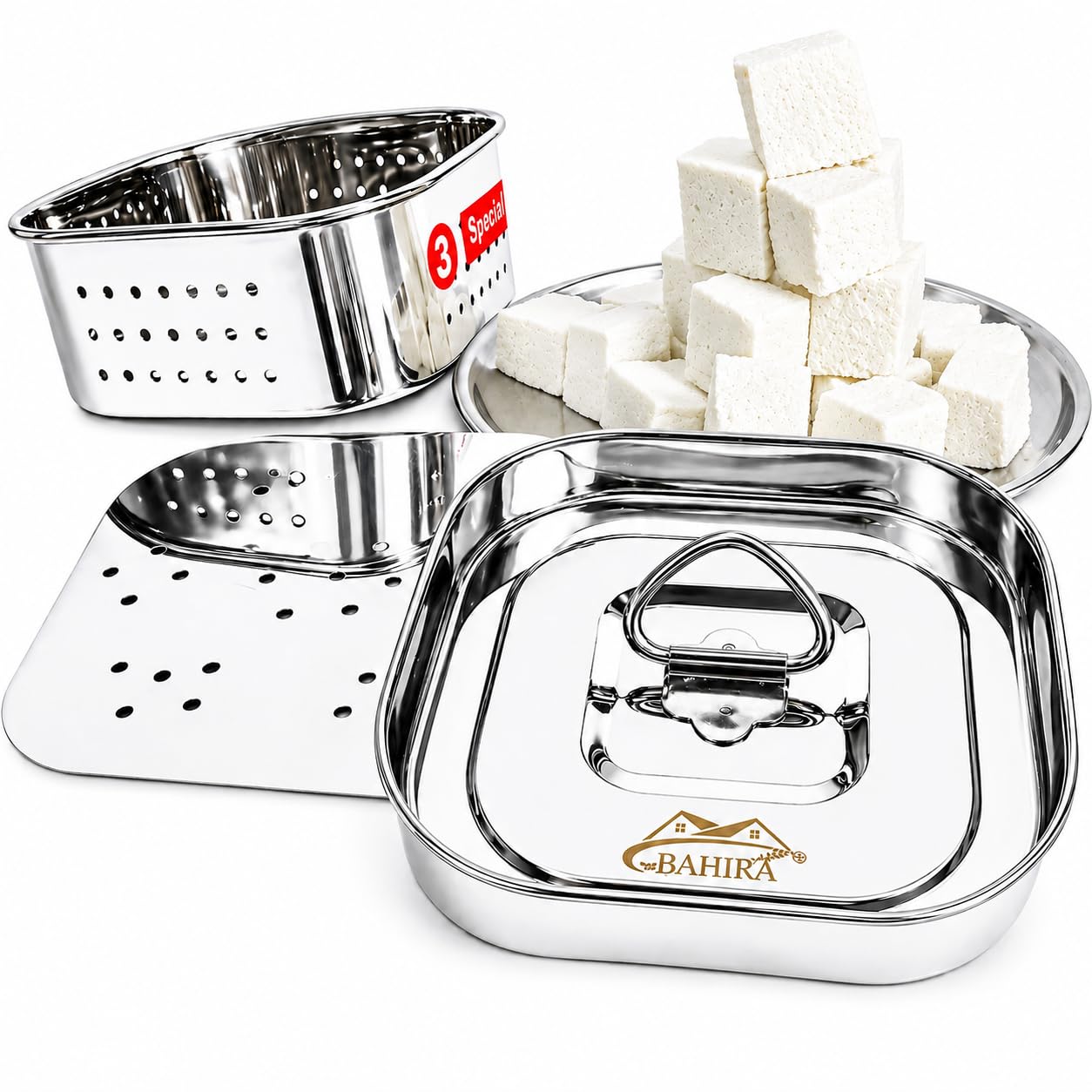 BAHIRA Paneer Maker Steel, Large Stainless Steel Paneer Maker (550 ml), Square Paneer Maker Mould Press with Lid, Rust Resistant Medium Paneer Strainer, Perfect for Fresh Paneer, Tofu & Sprouts