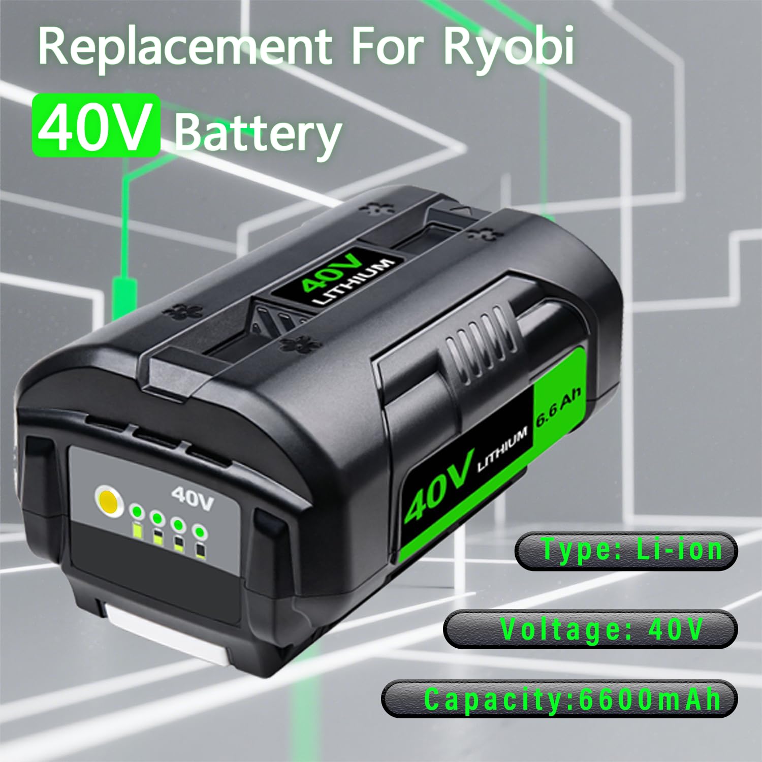 6600mAh Repuesto para batería Ryobi 40V Herramientas Eléctricas Inalámbricas, Compatible con Ryobi OP4040, OP4030, OP4050 Y OP4026
