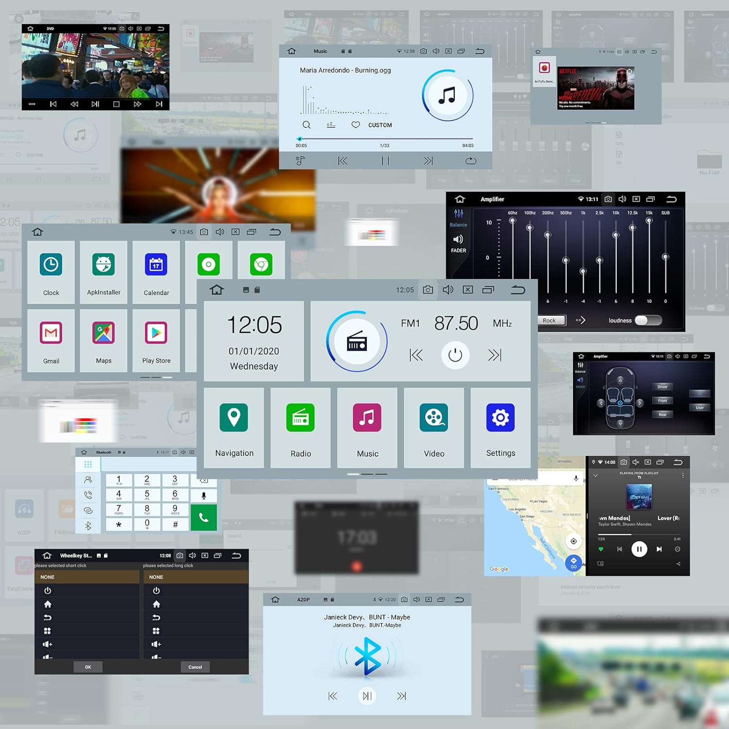 Screenshots of various Eonon GA9465 functionalities