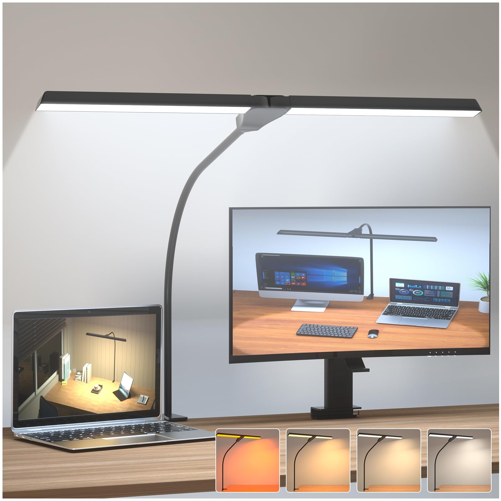 BrightWish LED Desk Lamp- 68.5CM Double Head Desk Light with Clamp- 4 Colour Modes 3 Brightness Levels Touch Control - Table Lamp for Office Reading Drawing Study Nail Crafts - USB Powered
