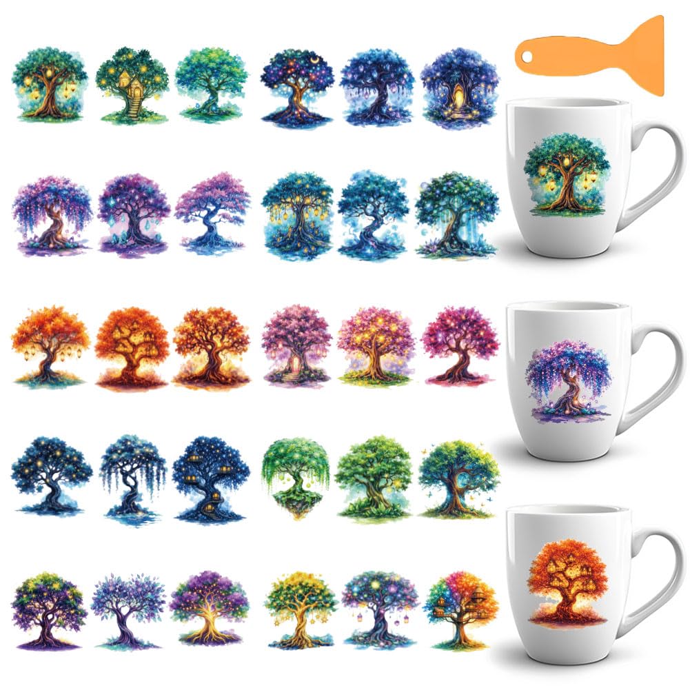 GOMAKERER 30 Pcs Tree of Life UV DTF Cup Wraps for 16OZ Glass, Magical Tree UV DTF Transfer Stickers Waterproof Rub on Transfer Decals for Glass Bottle Vase Furniture Crafts, 4.3 x 9.4 Inch