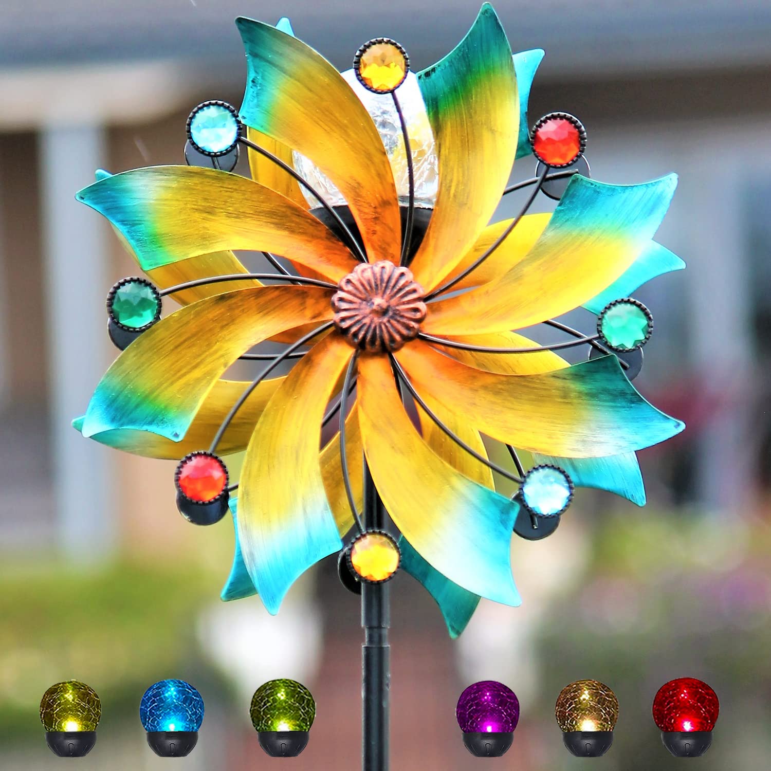 Bloom Metal Wind Spinner with Colorful Solar Light for Your Yard, Lawn and Garden Art Decorations. Add Movement to Your Landscape or Outdoor with This Large Kinetic Windmill