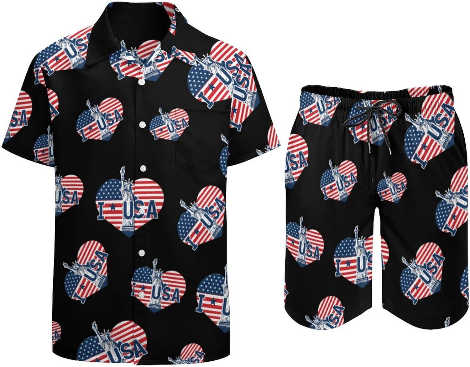I Love U.S. Men's Summer Beach Outfits Shirt And Shorts Set 2 Piece Vacation Swimwear