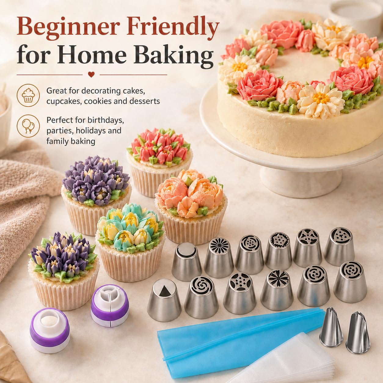 Russische Spritztüllen-Set mit Spritzbeuteln und Verbindungsstücken, Edelstahl-Blumen-Spritztüllen für Kuchendekoration, Blumen-Spritztüllen und Zuckerguss-Spritztüllen für Cupcakes, Kekse und