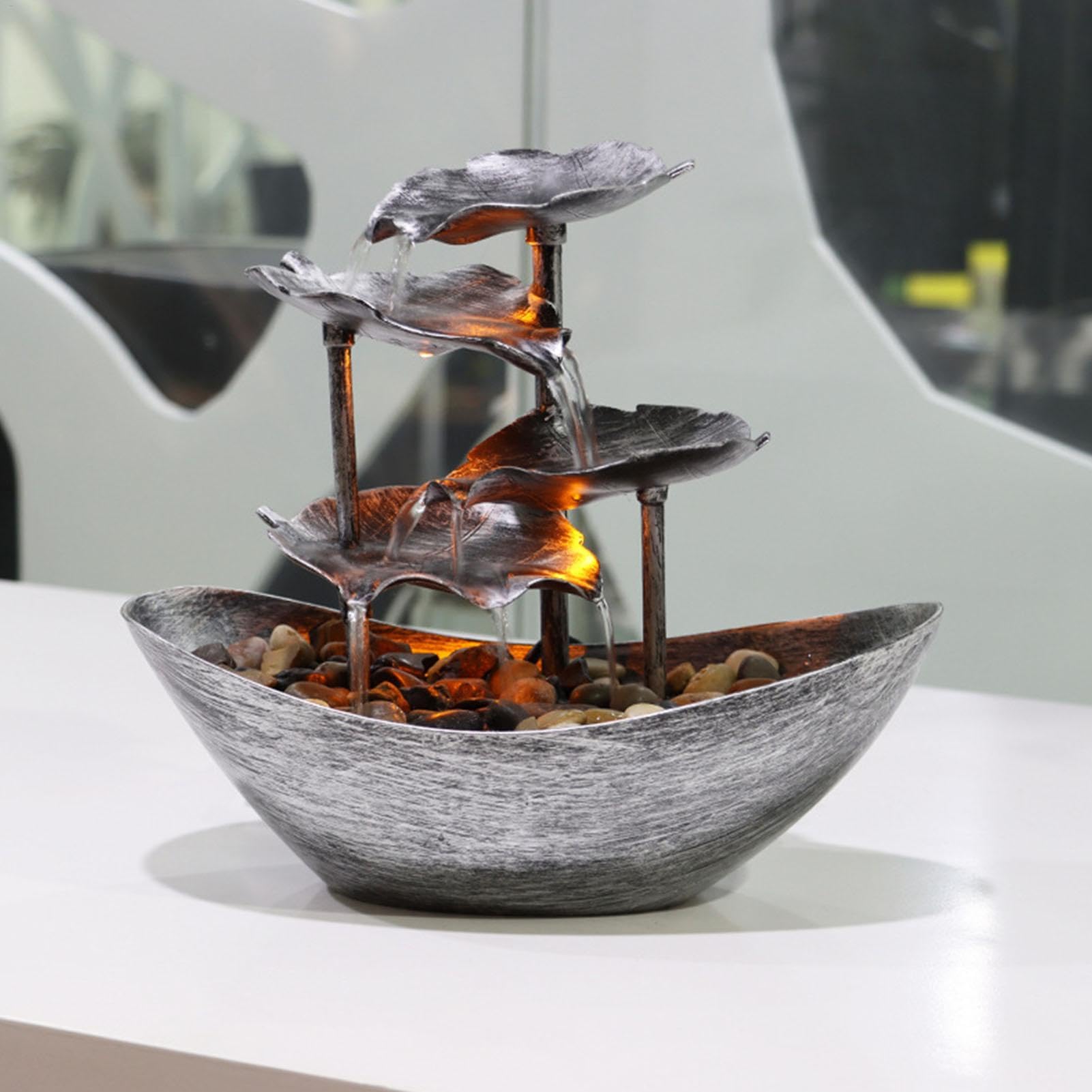 Fuente pequeña de cascada para interiores? Fuente de mesa de 4 niveles | Fuente de escritorio de relajación con bomba automática USB, luces LED, llave, decoración dorada y plateada de 10 pulgadas pa