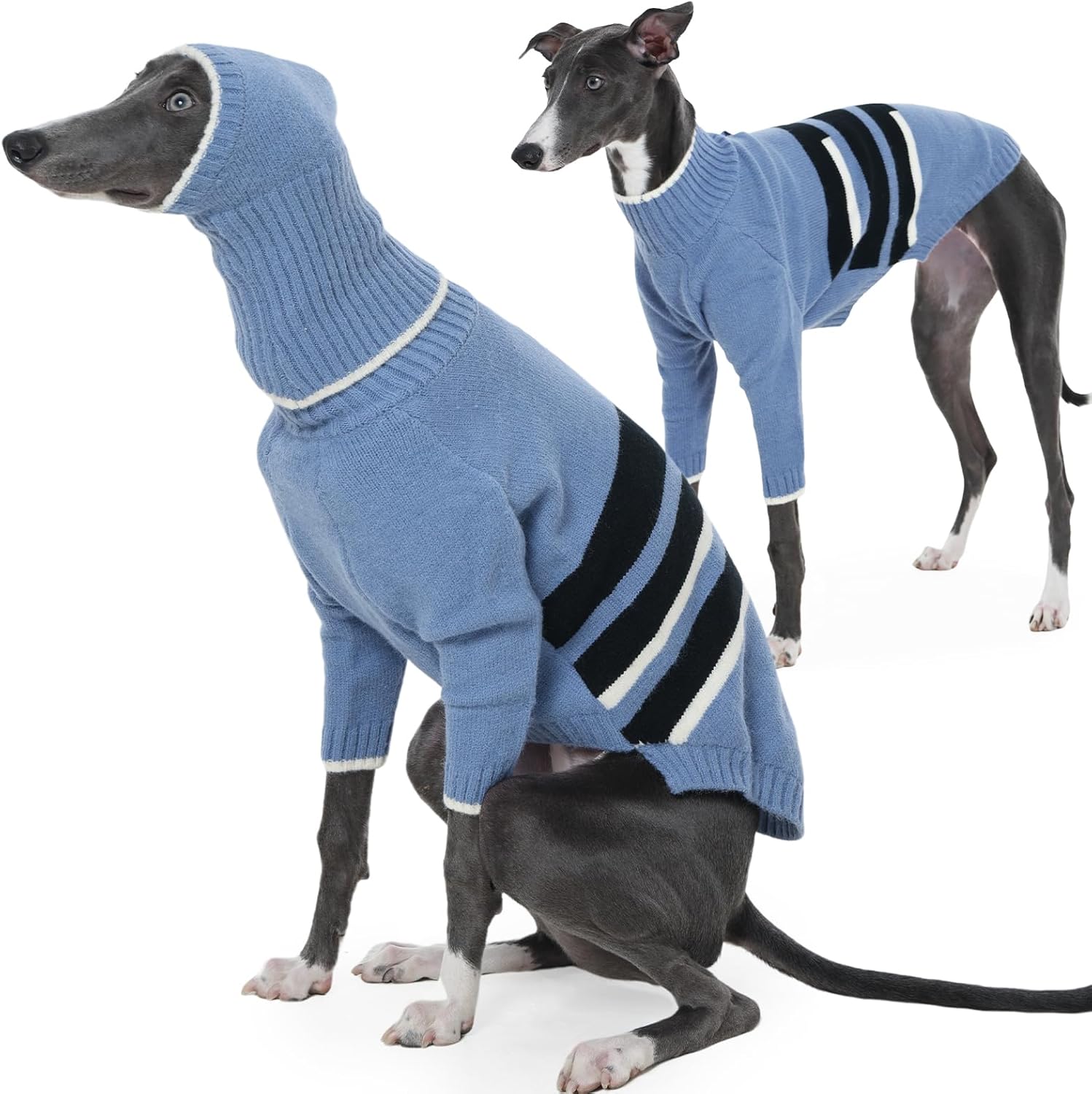 IECOii Warm Italian Greyhound Sweater, Whippet Clothes with Detachable Hood Turtleneck Sighthound Sweaters for Medium Dogs, Cozy & Stretchy Pullover Knitwear for Fall and Winter, Large- Blue