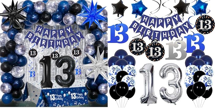 13th Birthday Decorations for Boys Dark Blue, HAPPY BIRTHDAY Banner and Silver Number 13 Balloons,