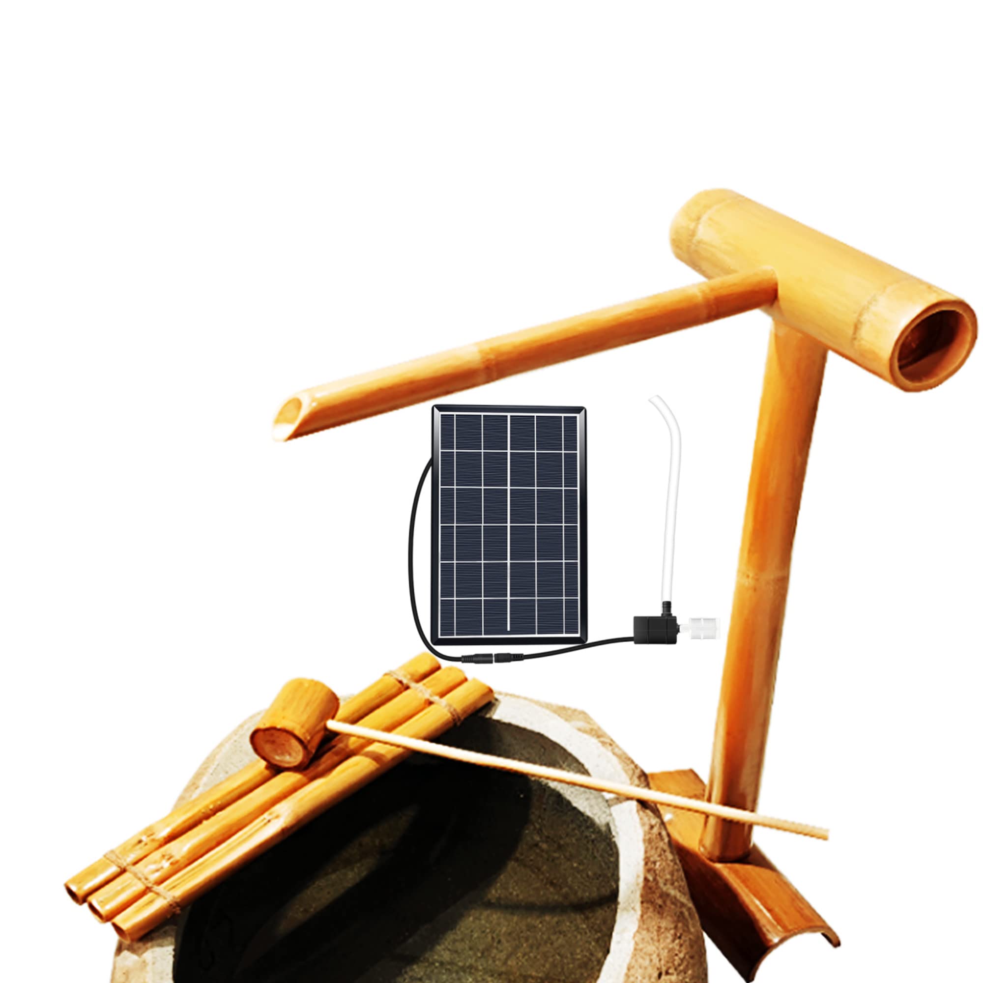 asdchZen Outdoor Water Fountain Solar Powered, Indoor Or Outdoor Zen Bamboo Fountain With Pump & Bamboo Rafts & Bamboo Ladles, 6W Solar Panel, Water Filter, 2M Water Tube, 80Cm,50cm