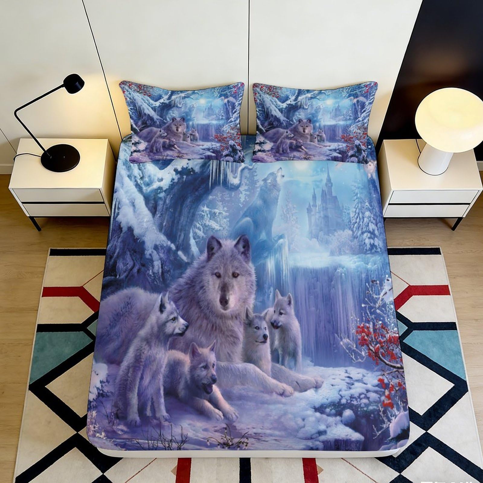 Jqzkxnhpbr Style-6 3D Printed Wolf Forest Fitted Sheet Microfiber Bedroom Decor Waterfall Mattress Cover Anti-Slip Easy Care 90X200x25cm