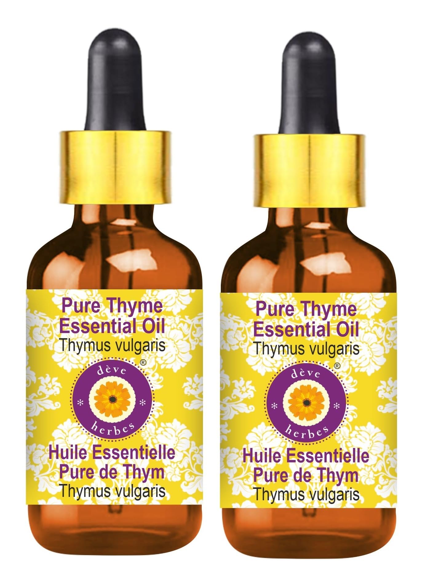 Deve Herbes Pure Thyme Essential Oil (Thymus vulgaris) With Glass Dropper Steam Distilled (Pack of Two) 100ml X 2(6.76 oz)