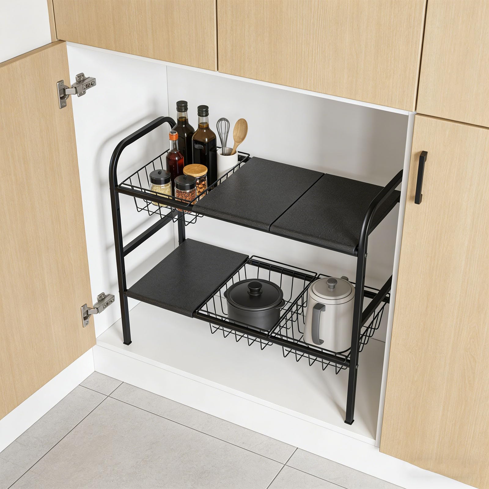 Estante de almacenamiento de cocina con 2 capas, 3 tablas y 3 cestas para organizar ollas, sartenes y utensilios, estante de almacenamiento que ahorra espacio