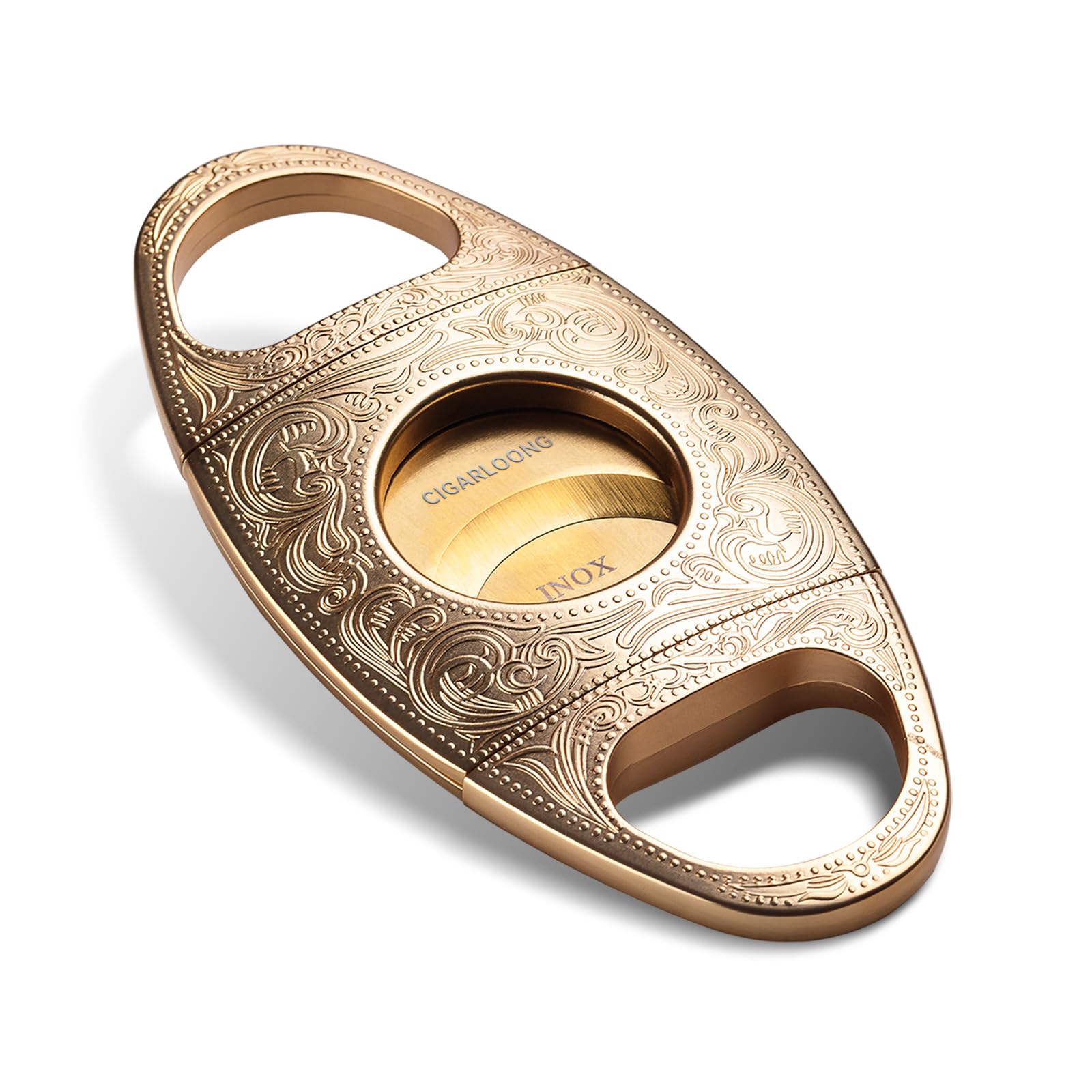Cortapuros de doble hoja CIGARLOONG de acero inoxidable con grabado dorado elegante