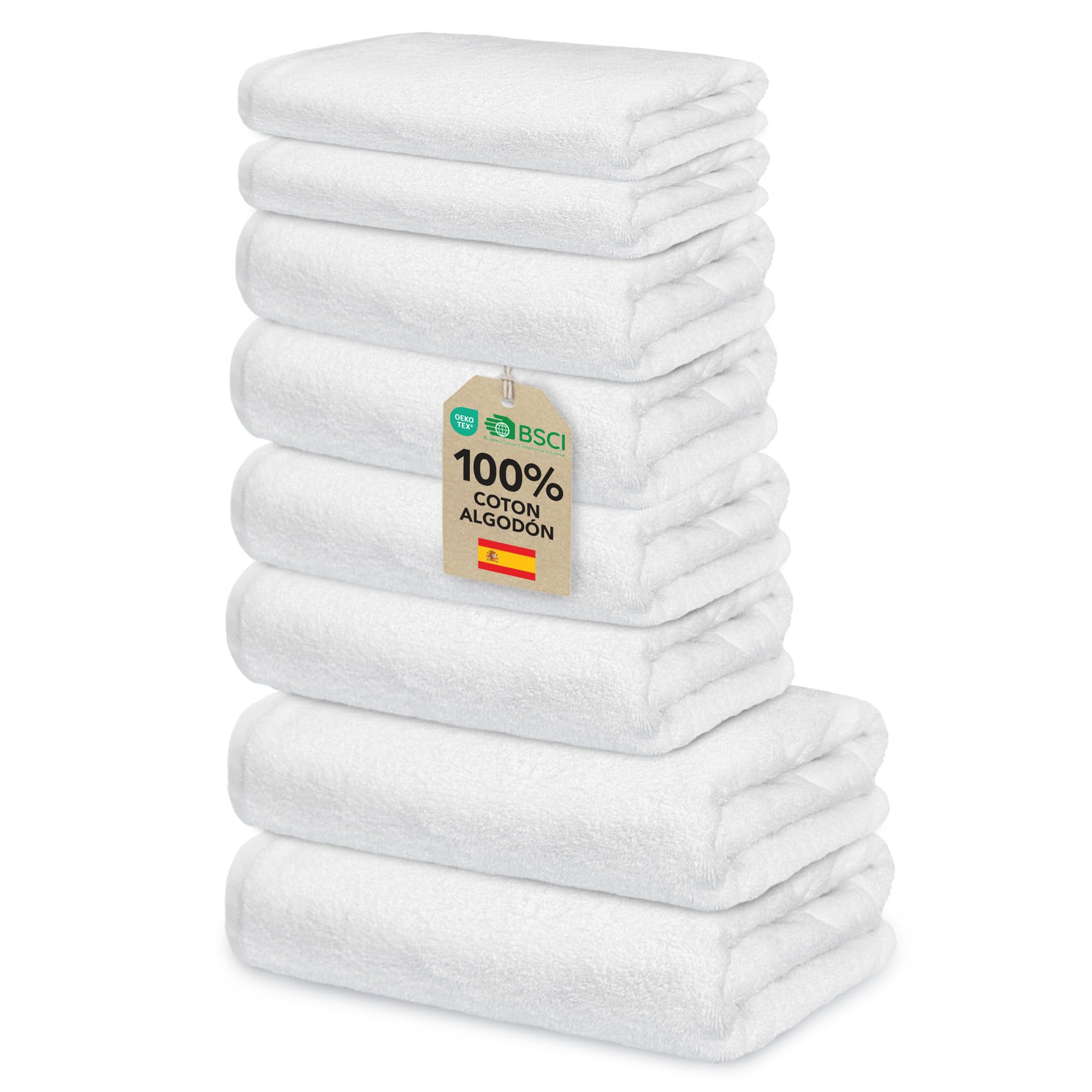 Ôhm Juego de Toallas de Baño 8 Piezas 100% Algodón 500 g/m² – 2 Toallas Ducha 70x140 + 4 Toallas Lavabo 50x100 + 2 Toallas Mano 30x50 – Set Familiar Alta Absorción – Blanco – Oeko-Tex