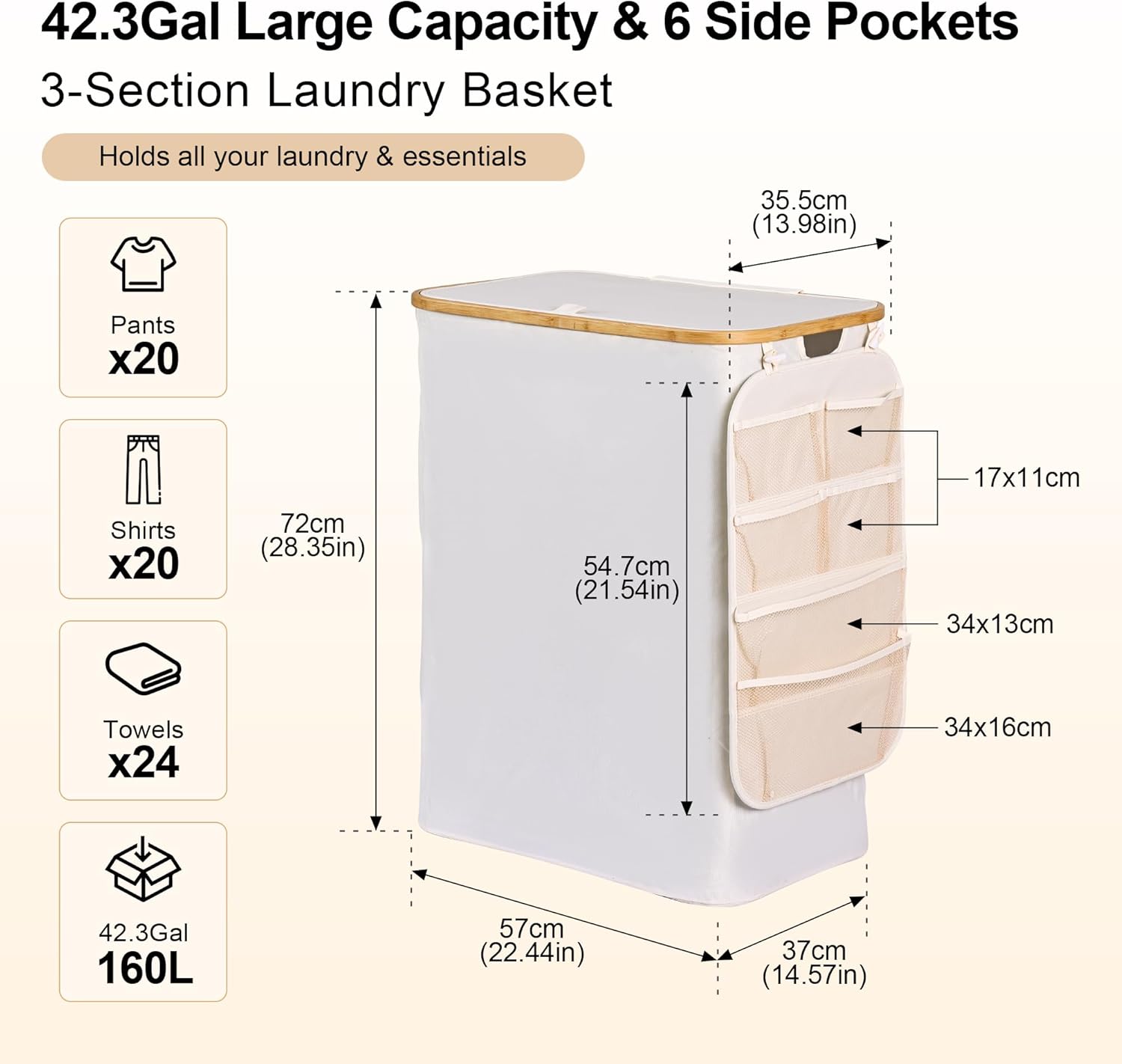 Laundry Basket 160L Laundry Hamper 3 Section, Large 42.3 Gal Separated Laundry Hamper with Lid & Removable Liners, laundry organizer with 6 Pockets & Handles for Bedroom Laundry Room, Beige