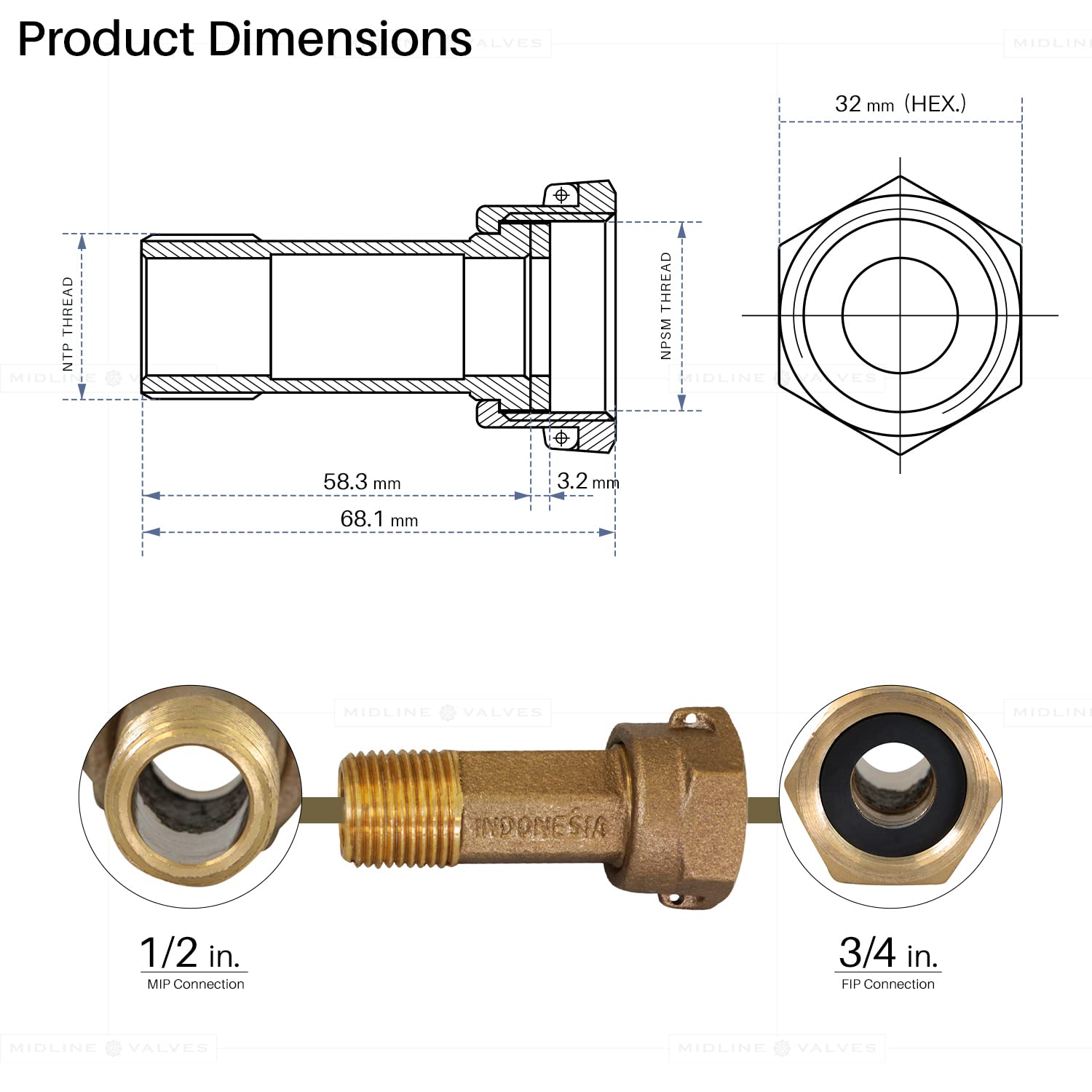 Midline Valve XND0012-OM - Adaptador de acoplamiento para medidor de agua de latón con tuerca y junta 1/2" MIP x 3/4" FIP