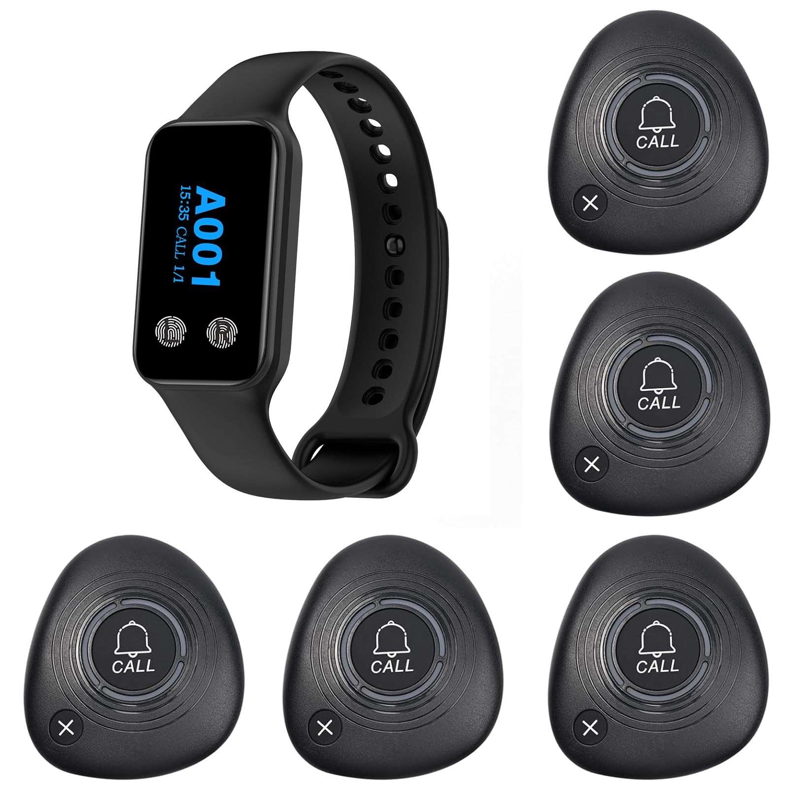 WNKRUN Wireless Restaurant Pager System Calling System with 1 Waterproof Watch Pager and 5 Call Buttons with Cancel Key