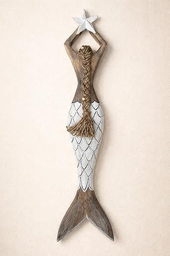 Vista 3 de OMA Arte de pared de sirena para decoración del hogar, playa náutica costera, madera, sirena, estrella, estatua colgante, escultura para decoración