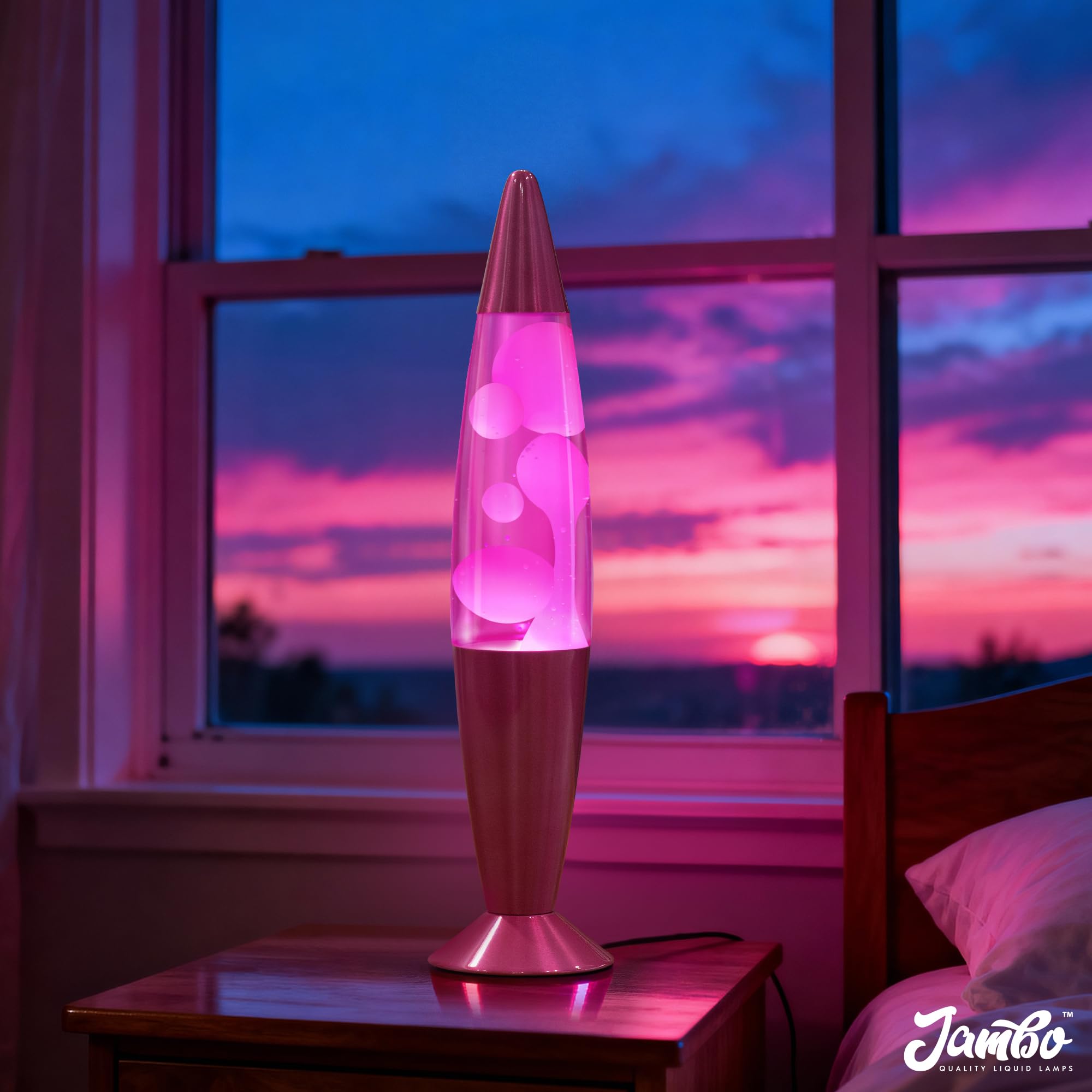 Jambo Lámpara líquida con flujos de cera como lava, lámparas frías, luces nocturnas para niños, adultos, adolescentes (16 pulgadas, base rosa, líquido rosa, cera blanca)