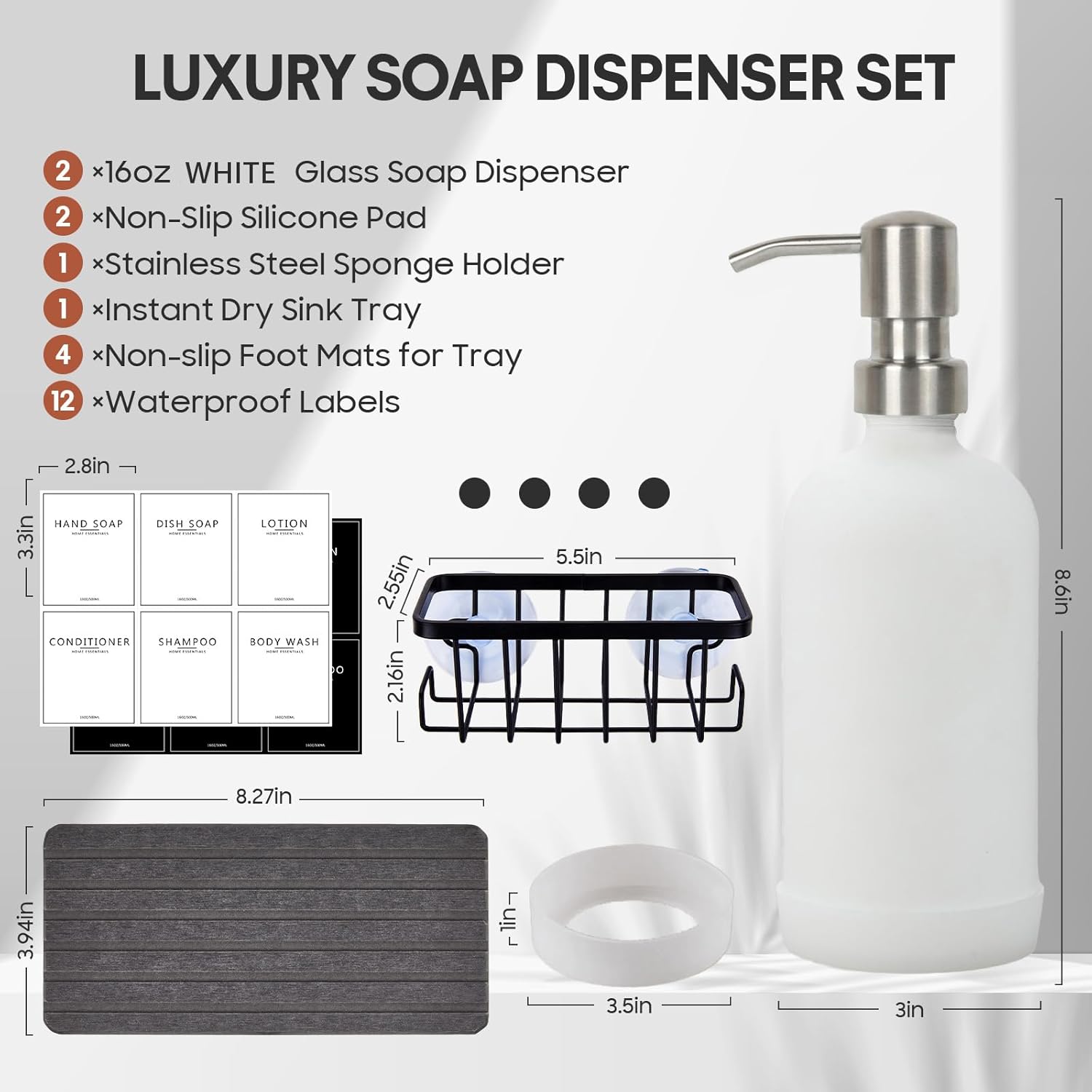 Kitchen Soap Dispenser Set with Instant Dry Tray & Sponge Holder,16 Oz Hand and Dish Soap White Glass Dispenser Set,Stainless Steel Pump,Waterproof Labels,Luxury Soap Bottle for Bathroom - Image 4