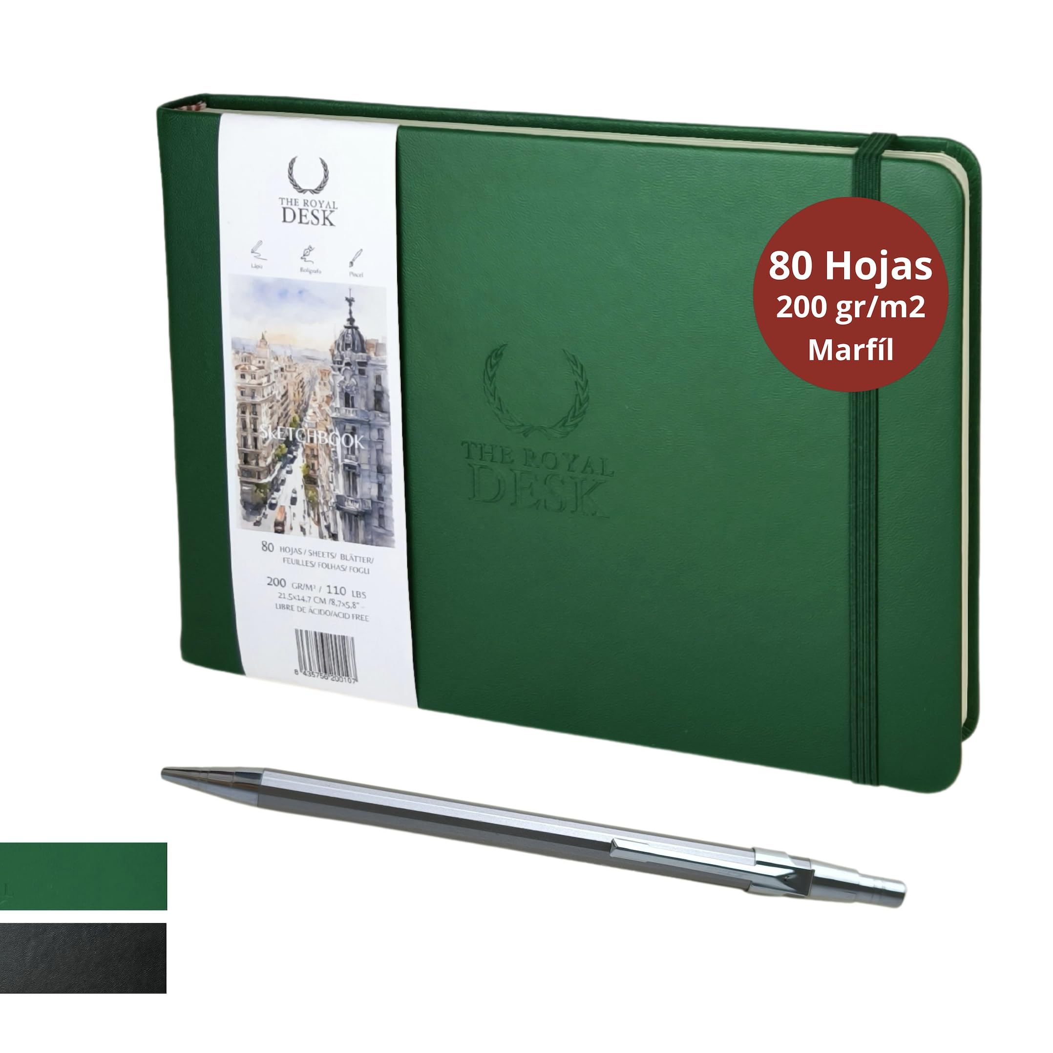Libreta dibujo profesional incluye portamina. Cuaderno para Dibujo y bocetos de tapa dura. Bloc de dibujo de 80 hojas gruesas color marfil 200 g/m² Bloc de notas Sketchbook (Artistic Green)