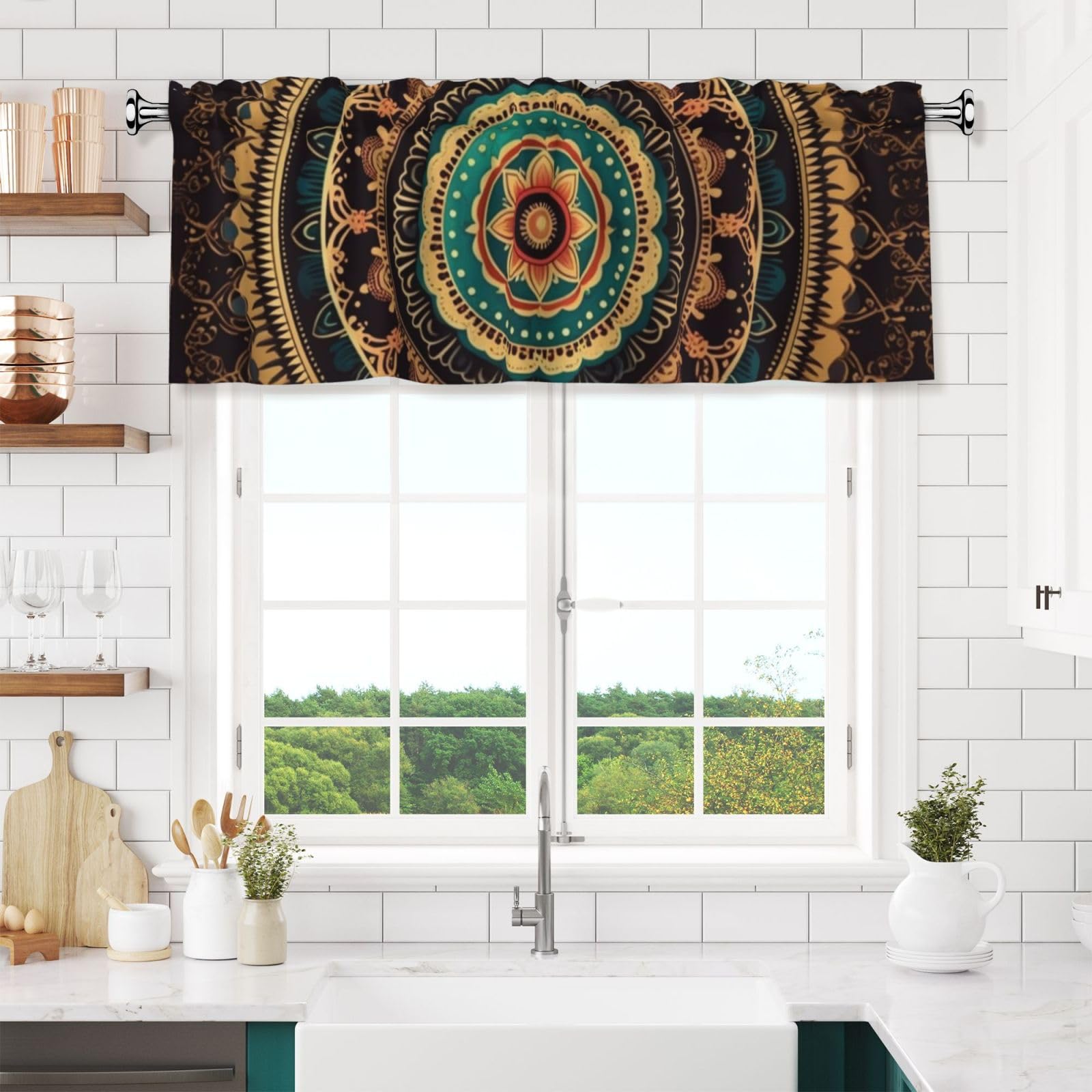 NONHAI Mandala Valances for Windows Short Curtains Rod Pocket Cafe Window Treatments Valance Curtains for Kitchen Bathroom Laundry Basement Windows 54x18inch Blackout Window Valance