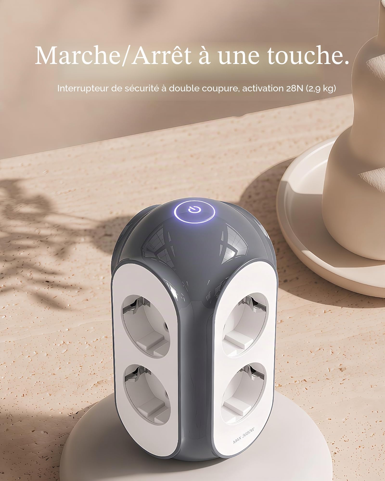 MiaoLab Multiprise Tour 6 Prises AC, 3680W/16A, Protection surtension 1420J, Base lestée 479g Anti-basculement, câble 2 m, Protection Surcharge (Beige Toscan)