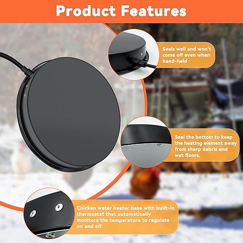 Miniatura 4 de Calentador de agua para pollo, base de agua de pollo calentada de 125 vatios, 15 pulgadas, calentador de bebedor de pollo para invierno con