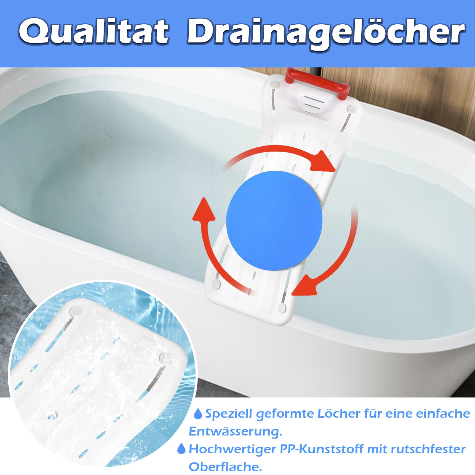 LZQ Badewannenbrett Badewannensitz Senioren mit 360º Drehscheibe, Rot Griff und Seifenablage, Einstellbar Wannensitz Sitzbrett für Badewanne für Erwachsene Tragkraft 150kg