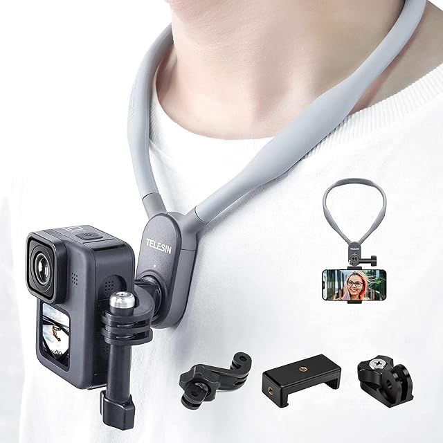 TELESIN Magnetic Silicone POV Neck Selfie Holder for GoPro Hero 11 10 9 8 insta360 X3 DJI Osmo Action Camera and Phone,Chest Shoulder Support Angle,Video Vlog Necklace Holder Harness Body Strap Mount