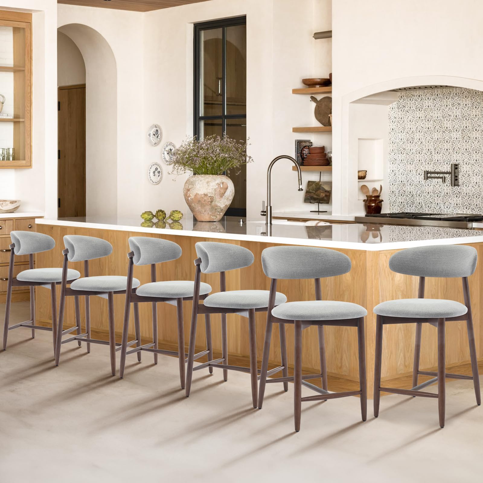 COLAMY Upholstered Counter Height Bar Stools Set of 6, Kitchen Island Stools with Back, Modern Counter Barstools Bar Chairs with Wood Legs, Light Grey