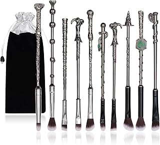 Lot de 10 pinceaux de maquillage Wizard,Manche en métal argenté 3D avec sac à thème,Pinceaux cosmétiques Anime pour poudre, fard à paupières, lèvres, eye-liner,Cadeau pour fille et femme (argenté)