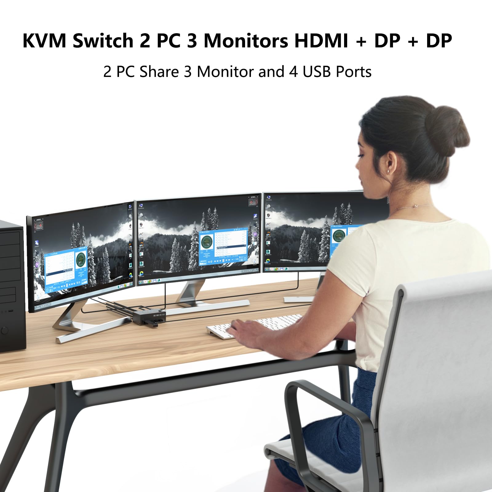 Przełącznik USB 3.0 KVM 2 PC 3 monitory 8K 60 Hz 4K 144 Hz, Triple Monitor KVM Switch 2 Displayport + HDMI do 2 PC części, mysz, klawiatura, z przewodowym pilotem