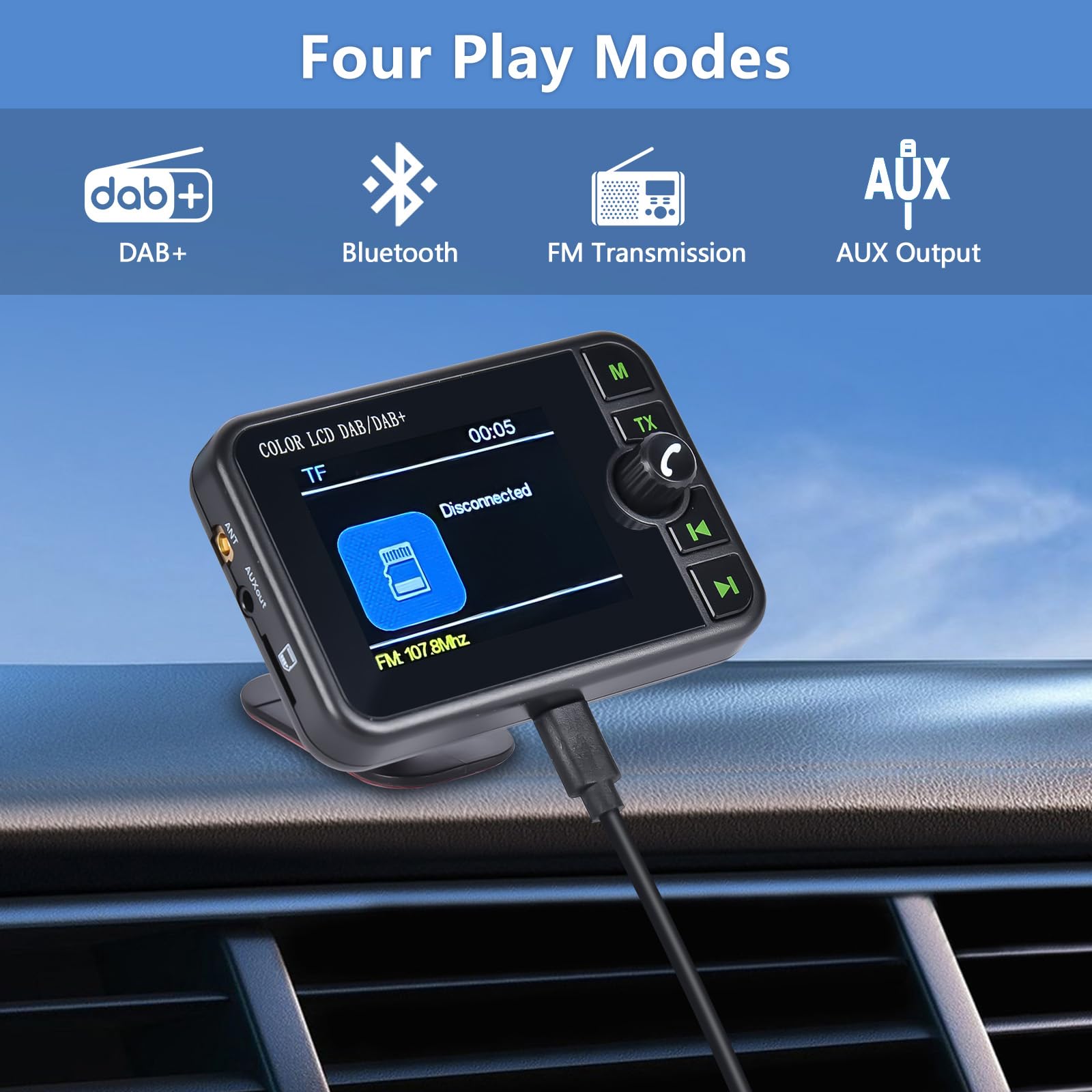 Hikity DAB/DAB+ przenośny adapter do radia z wyświetlaczem LCD 2,4 cala kolorowy duży wyświetlacz LCD do radia samochodowego z systemem Android z telefonem głośnomówiącym Bluetooth AUX-IN FM