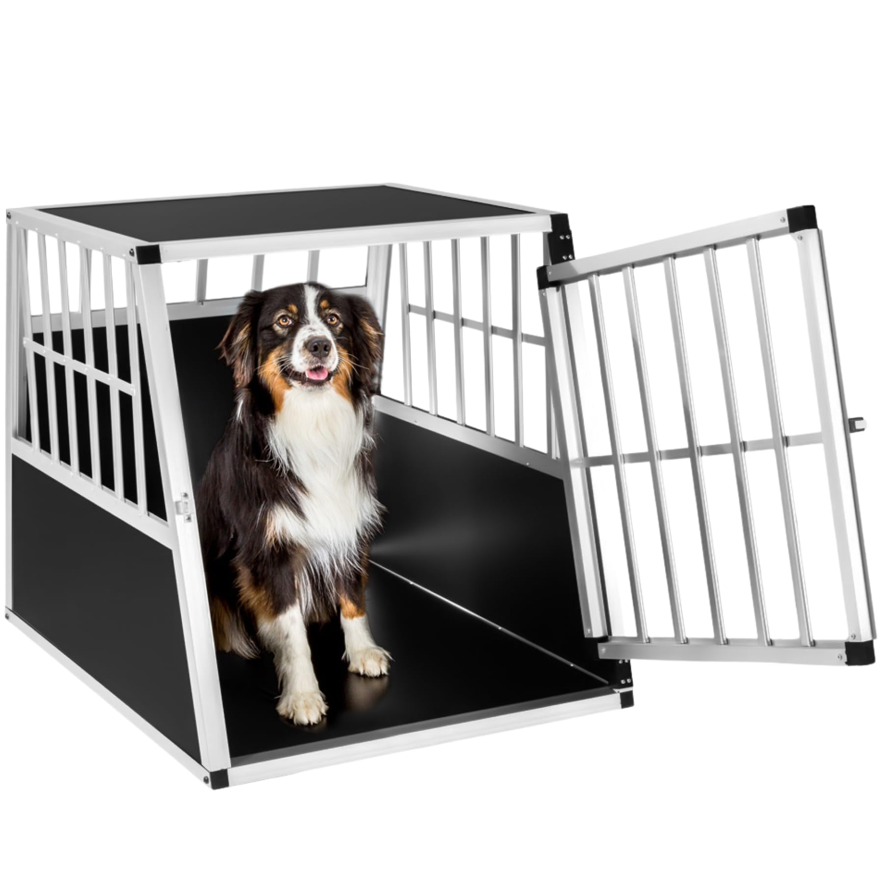 tectake® Dog Crate in Robust Aluminium, Durable Dog Cage with Spacious Interior & Lockable Door, Easy to Assemble & Clean, Dog Travel Crate with Trapezoidal Shape for Cars - 66 x 90 x 69.5 cm