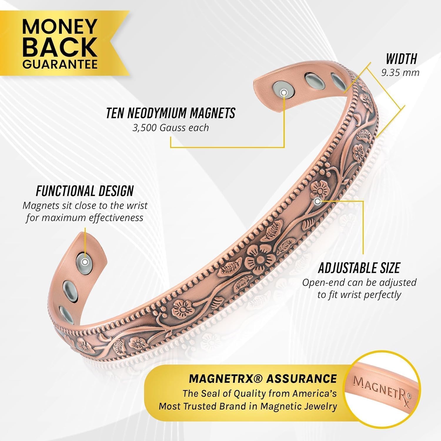 MagnetRX® Pulsera magnética para mujer, cobre puro 99.9% ajustable