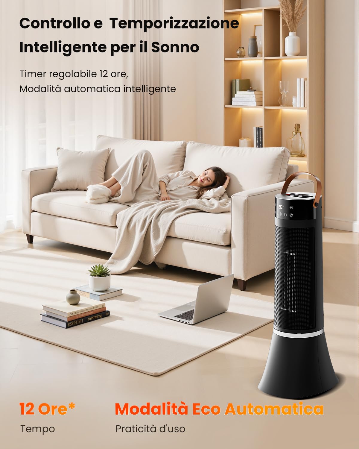 Stufetta Elettrica Basso Consumo, 2000W PTC Termoventilatore, 75° Oscillazione, 3 Modalità, Telecomando, Protezione da Surriscaldamento e Ribaltamento, timer 12 ore, Stufa Elettrica