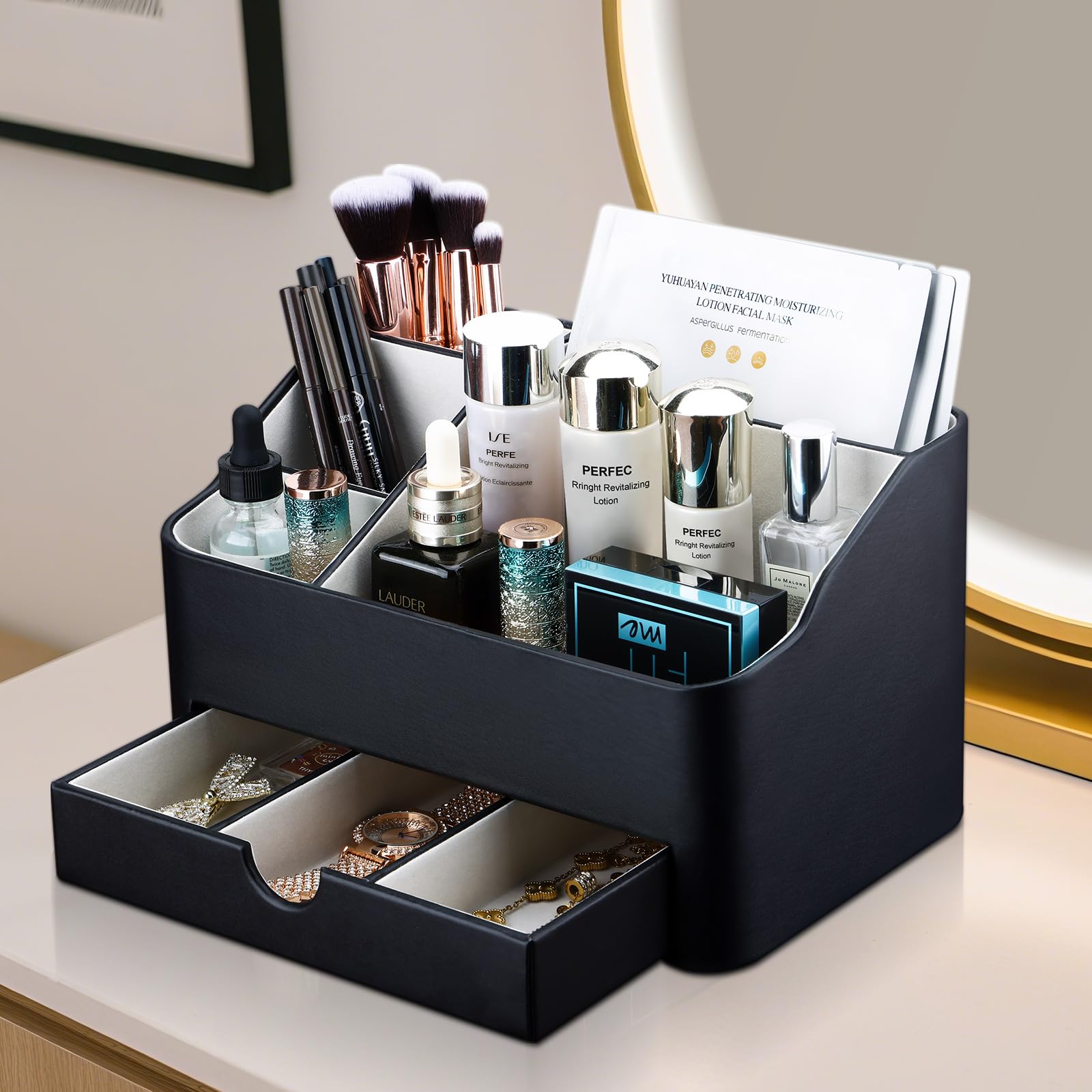 KINGFOM Organizer per trucchi cosmetici, in pelle PU, con cassetto, organizer per tavolo da toeletta (nero)