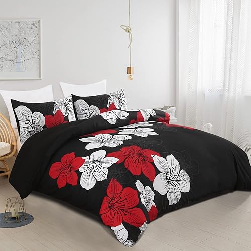 Miniatura 2 de Juego de funda de edredón color negro, tamaño King, funda de edredón con patrón floral rojo bohemio, lirio floral con 2 fundas de almohada, juego de