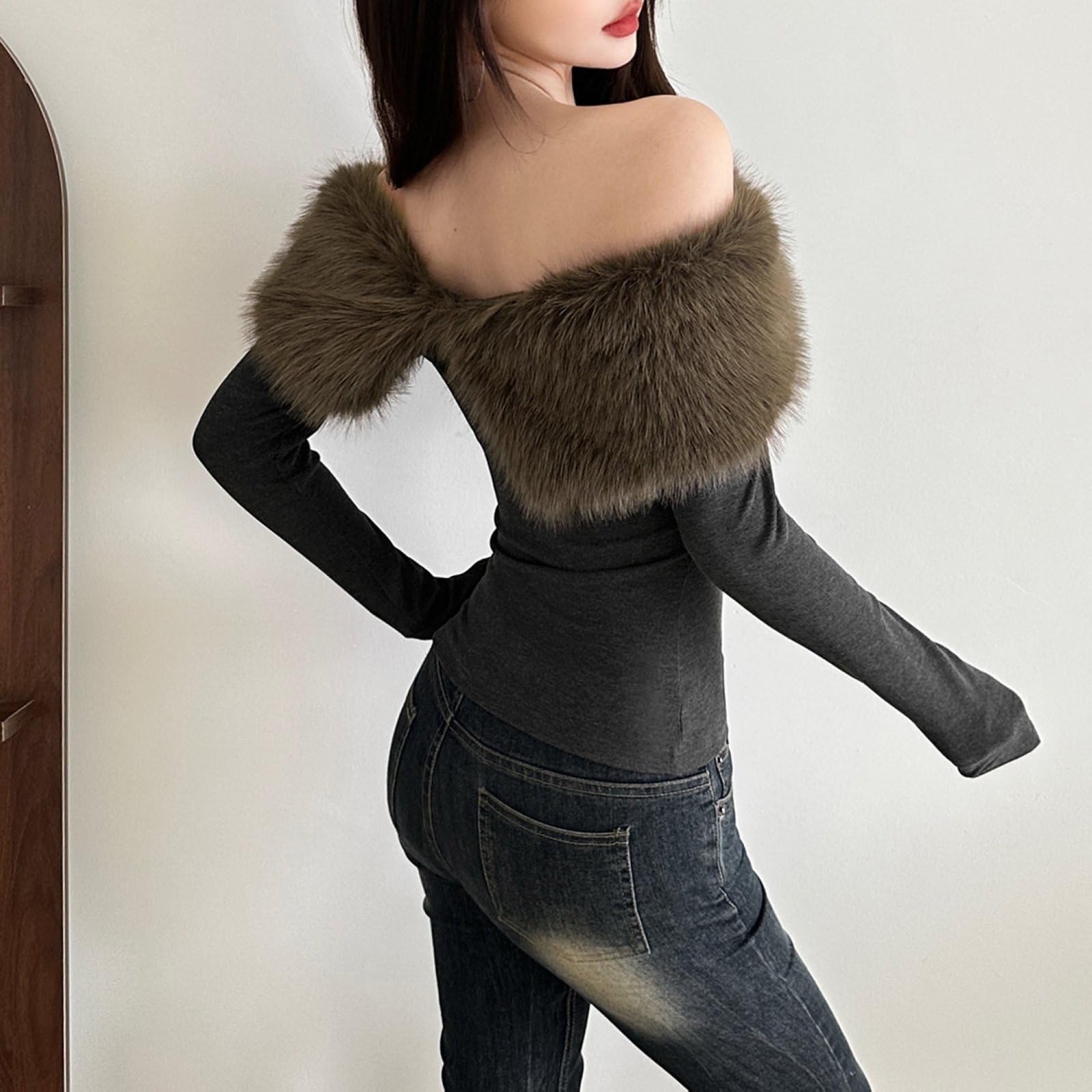 T-Shirts Courts Pour Femmes En Fausse Fourrure Épaules Dénudées Coupe Slim Mignons Mode Automne-Hiver