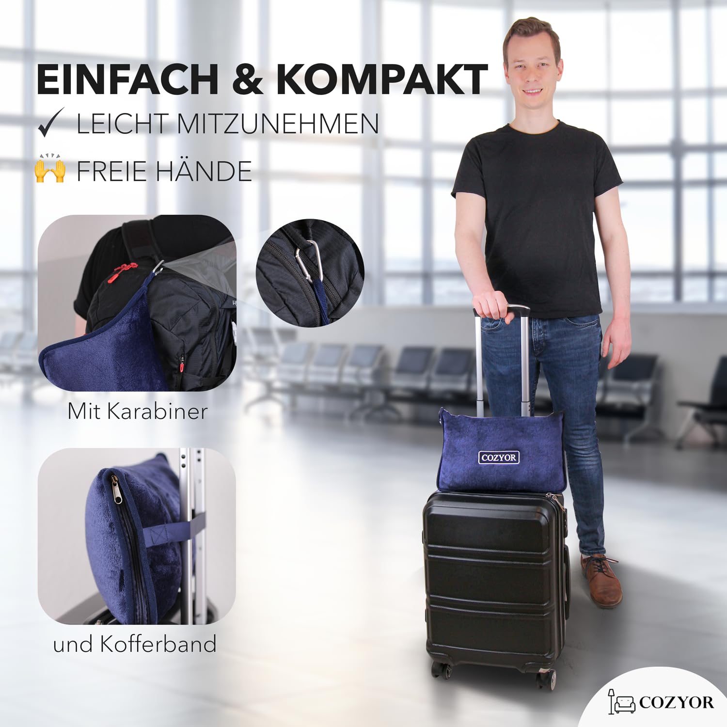 Cozyor Reiseset 2-teilig: Nackenkissen + Reisekissen & Reisedecke 2 in 1 mit Hülle - Ultraleicht & kompakt mit Rucksack-Clip und Kofferbefestigung, Flugzeugdecke 170x100 cm Bahn Auto Flugzeug