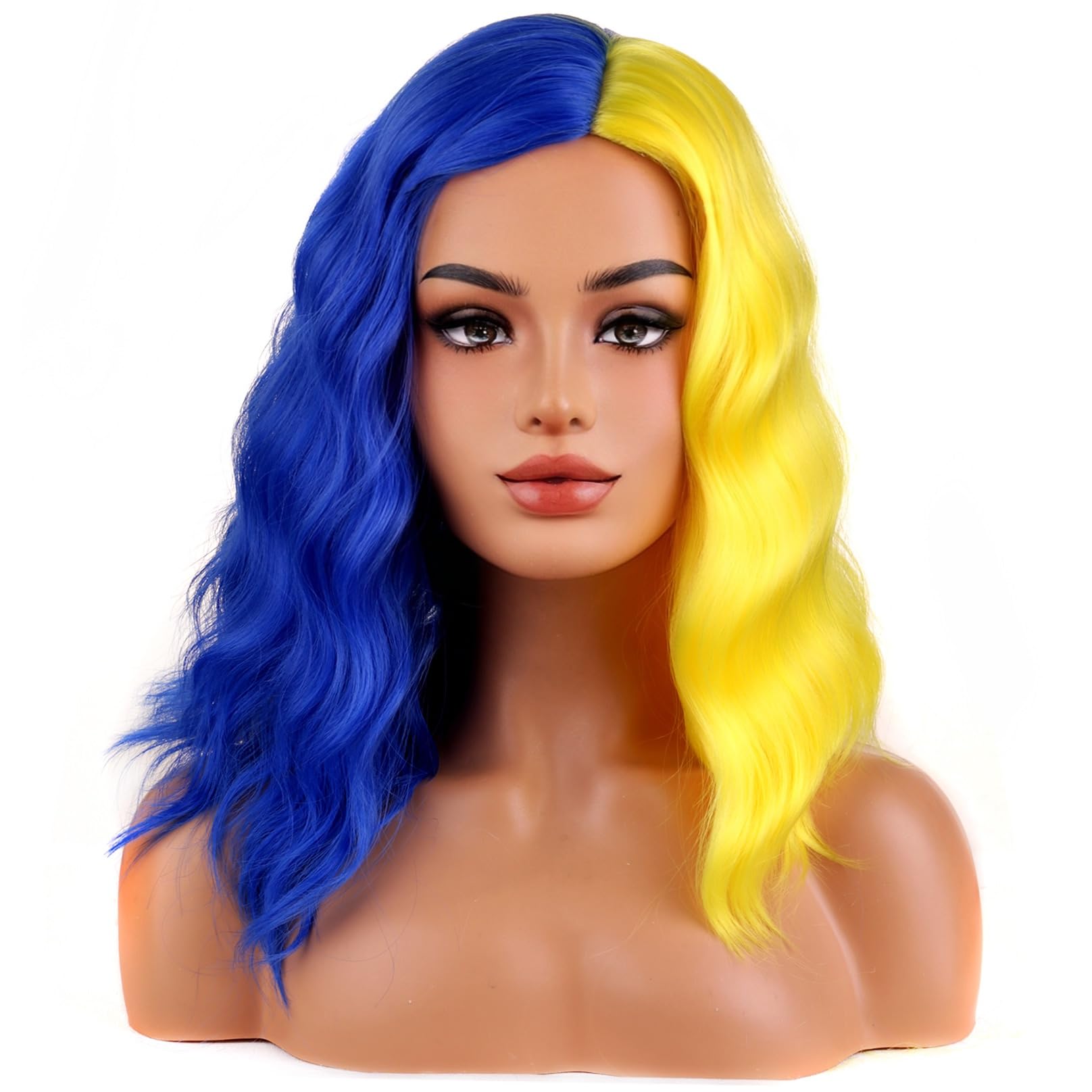 BERON Gelbe und blaue kurze gewellte Perücke für Damen und Mädchen, schulterlang, gelockt, gewellt, zweifarbig, hitzebeständig, synthetisch, Halloween, Kostüm, Cosplay, Alltag, Party