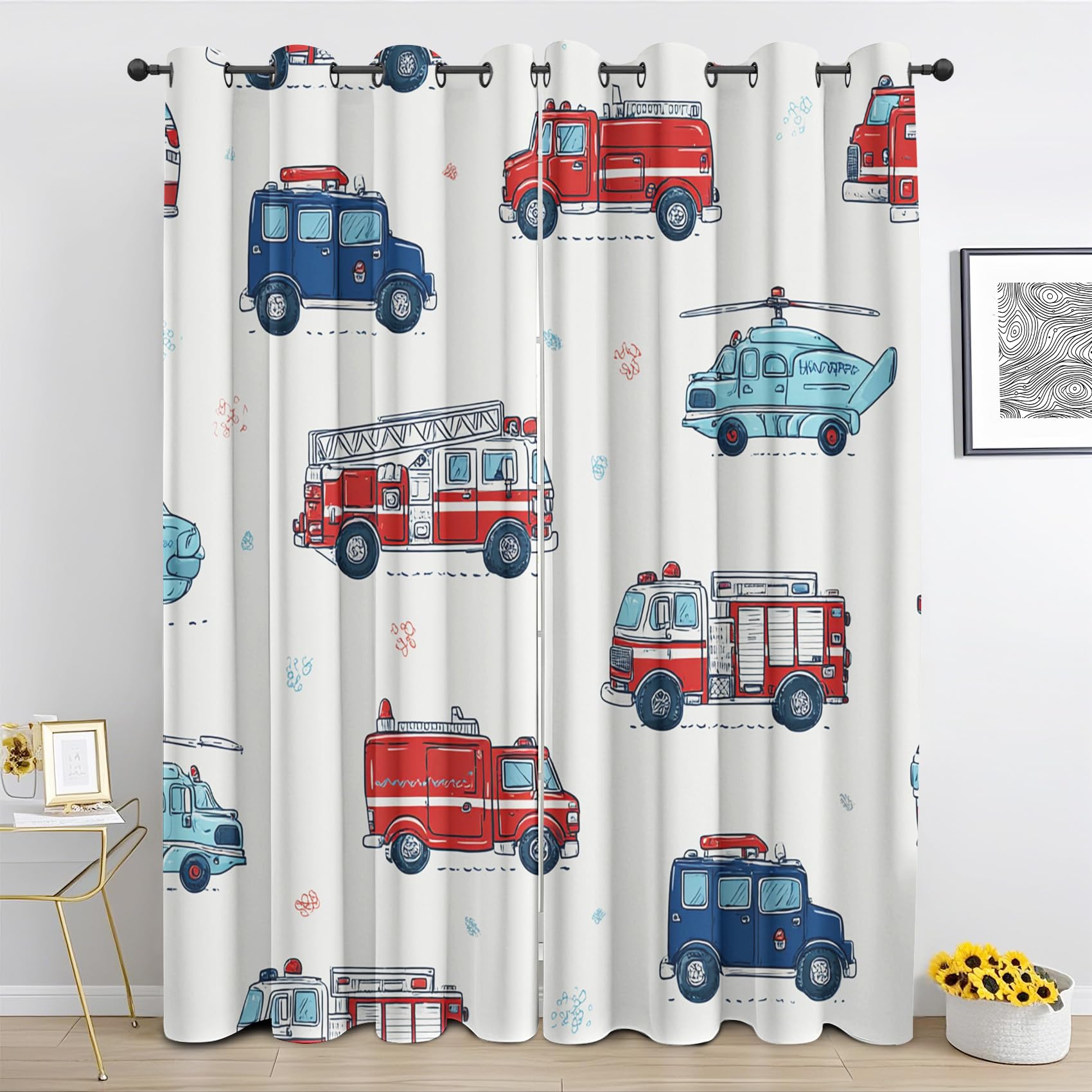 Karikatur Feuerwehrmann Vorhang, Feuerwehrauto Gardinen mit Ösen 2er Set Verdunkelungsvorhang - Hubschrauber Fahrzeug Vorhänge, Wohnzimmer Schlafzimmer Kinderzimmer Blickdichte vorhänge, 183x214 cm