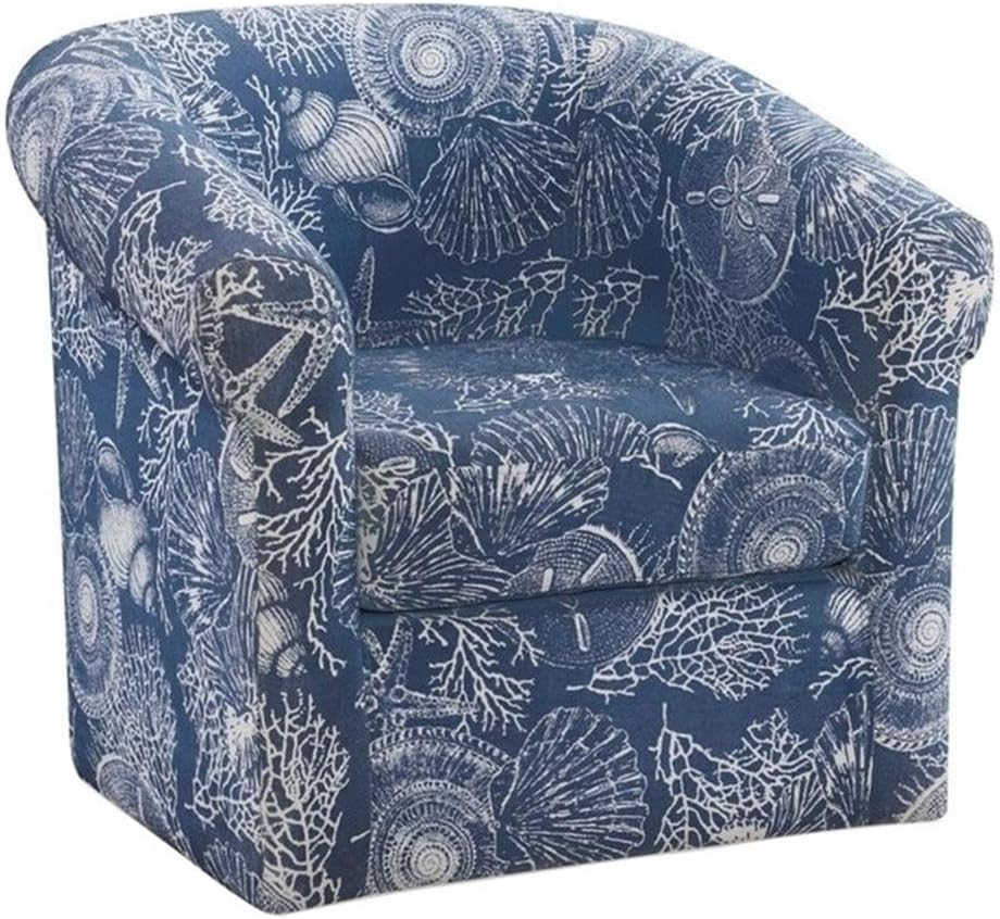 Pemberly Row Swivel Coastal Club Chair, Fabric Upholstery, Blue Seashell Pattern, 31.75" W x 28.5" D x 30.75" H, Nautical Accent Chair for Living Room, Sunroom, Bedroom, Beach House