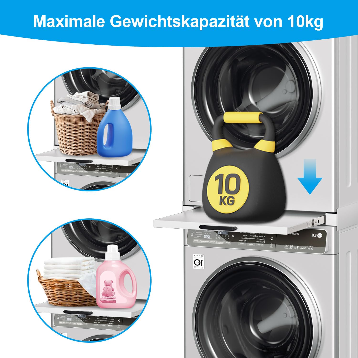 Verbindungsrahmen für Waschmaschine/Trockner,Zwischenbaurahmen mit Ausziehplatte aus Stahl, Zwischenbaurahmen Waschmaschine Trockner,für alle Marken Waschmaschine 60x60cm,bis 150kg,Weiß