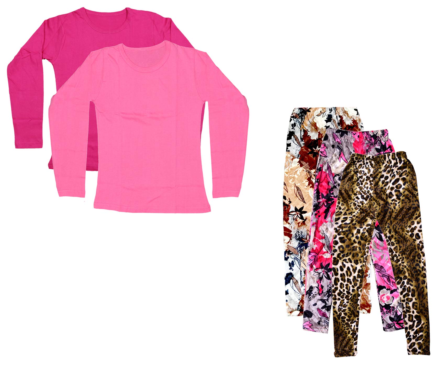 IndiWeavesGirl's Combo Pack of Full Sleeves Plain T-Shirts and Velvet Printed Leggings Pack of 5